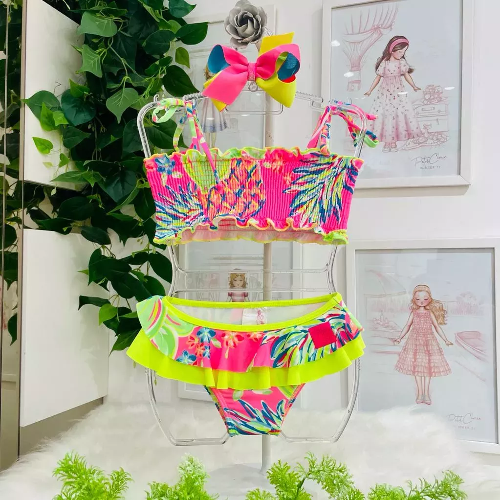 Biquini Infantil Mon Sucré Top com Lastex e Alça Amarelo Neon Estampado e Calcinha Babados 