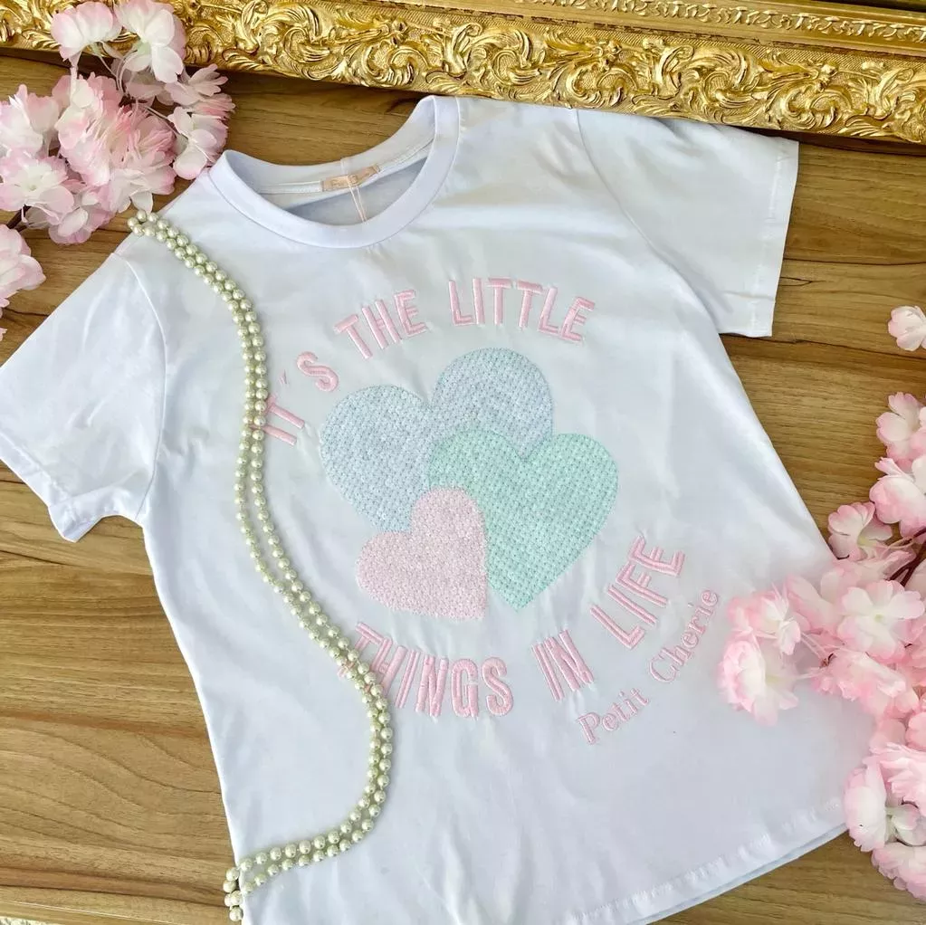 Blusa Feminina Mãe Branca Corações de Lantejoulas Petit Cherie