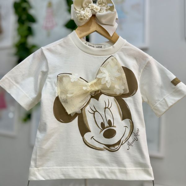 Blusa Infantil Animê Off White Minnie Dourada Laço Em Tule Com Aplicação de Flores Bordadas e Brilho