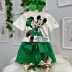 Conjunto Infantil Animê Blusa Off White Minnie Mickey Strass Shorts Verde Liso Laço Cintura