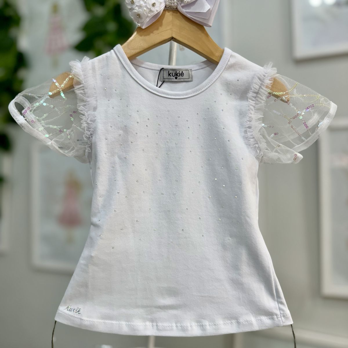 Blusa Infantil Kukiê Branca Cotton Strass Manga Tule Frufru Paetês Holográficos