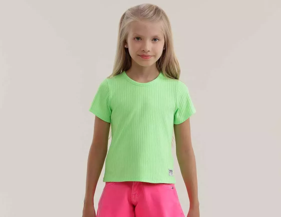 Blusa Infantil Manga Curta Malha Canelada Verde Neon Petit Cherie