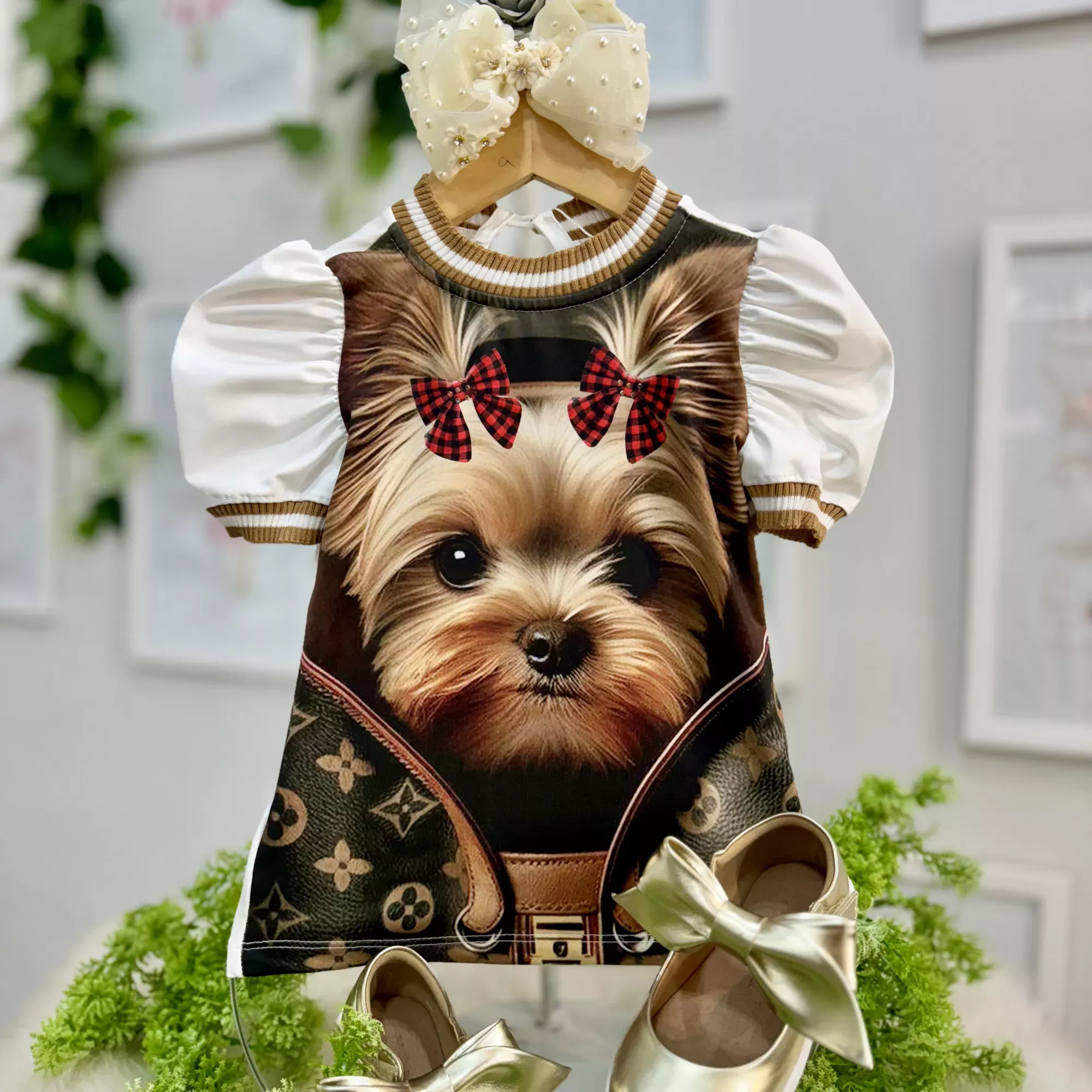 Blusa Infantil Yoyo Marrom Gola cachorrinha Laço Xadrez Laço