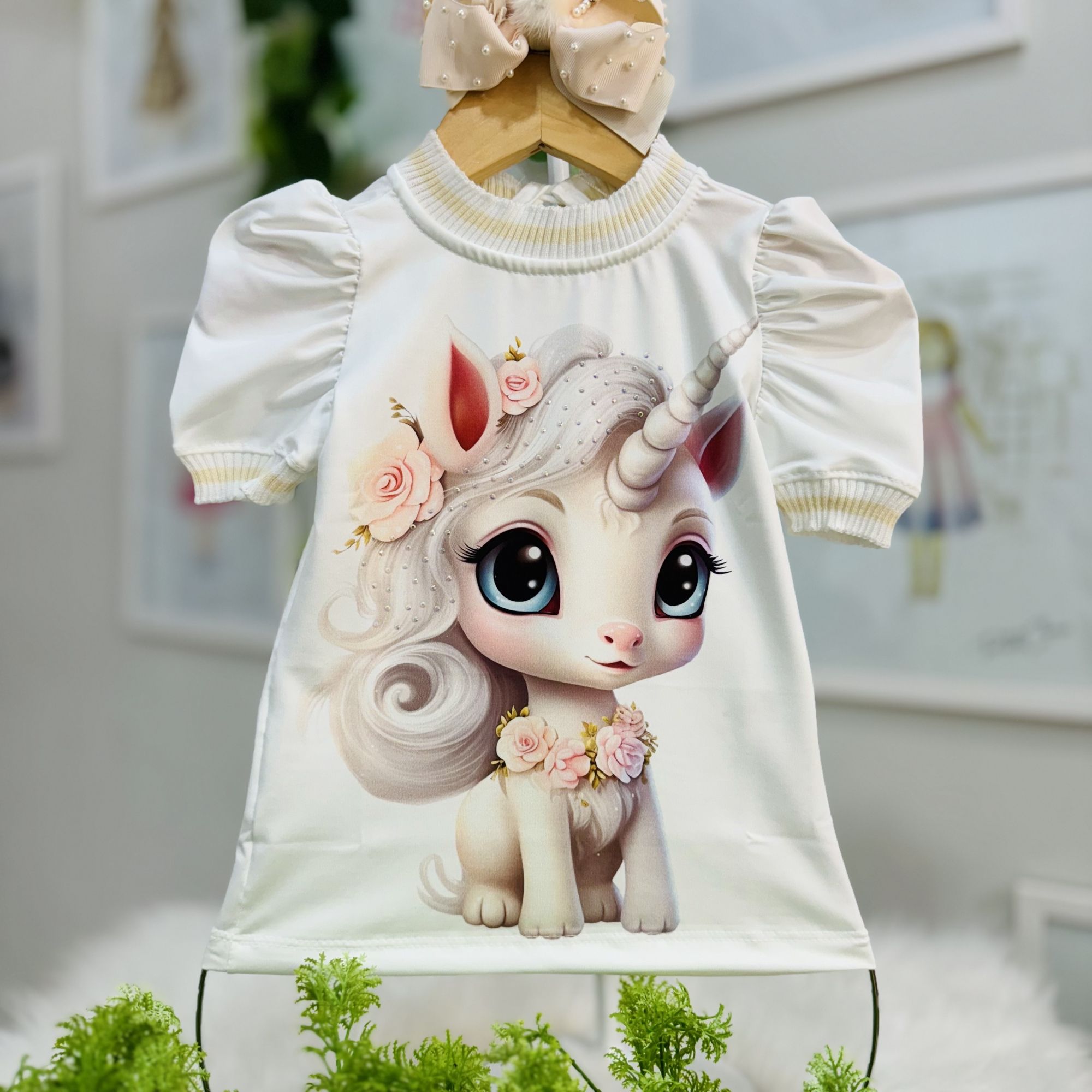 Blusa Infantil Yoyo Off White Gola Creme/Branco Unicórnio Strass