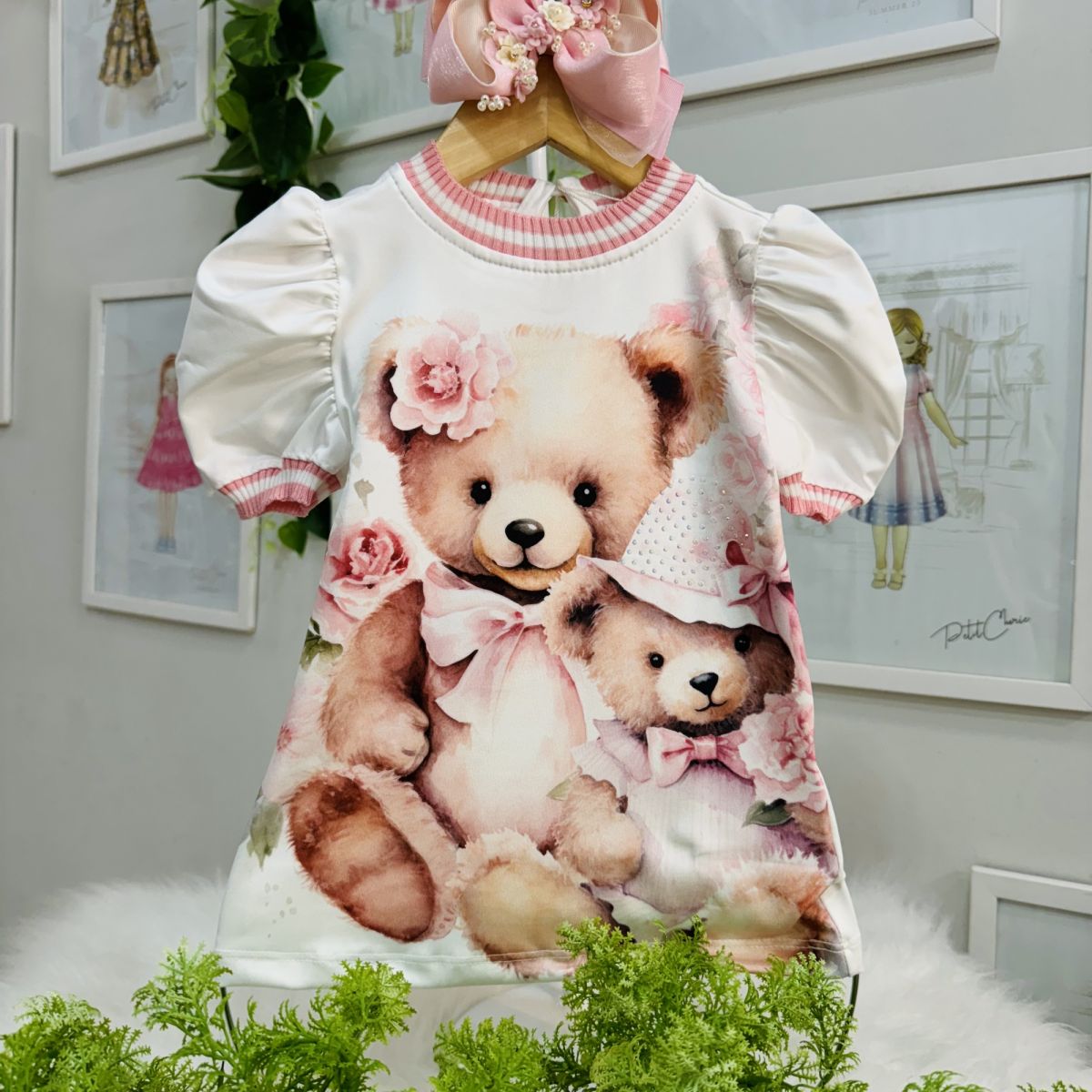 Blusa Infantil yoyo Off White Gola Rosa Urso Flor Rosa