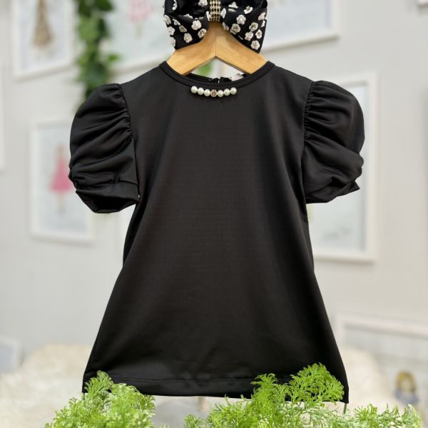 Blusa Infantil Yoyo Preto Lisa Strass Pérolas