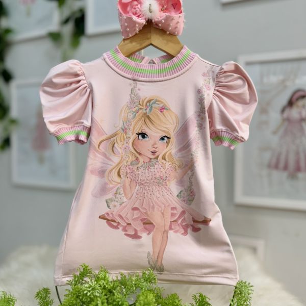 Blusa Infantil Yoyo Rosa Claro Gola Rosa/Verde Sininho Strass