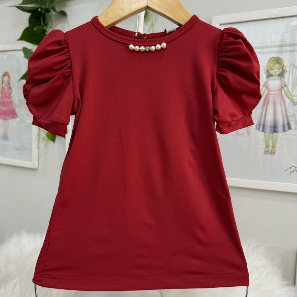 Blusa Infantil Yoyo Vermelho Lisa Pérolas e Strass