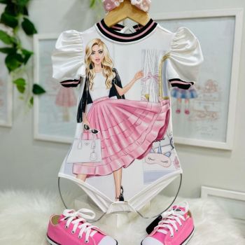 Roupa Infantil Menina Barbie Body Manga Bufante Festa Lindo