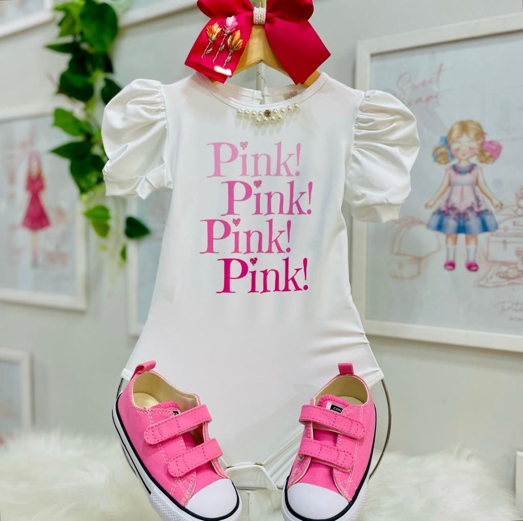 Body Infantil Feminino Yoyo Branco Pink! Pink! Pink! Manga Bufante