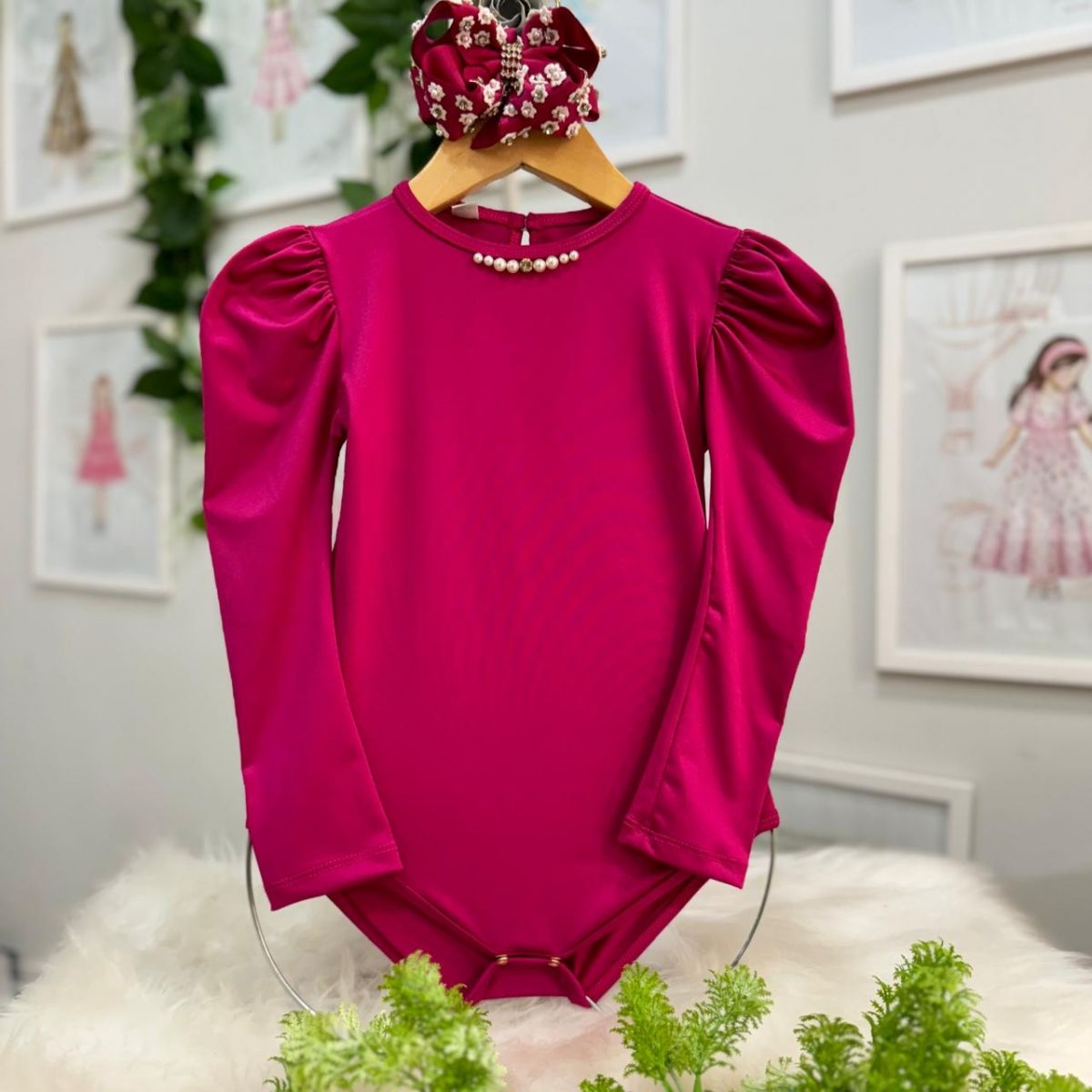 Body Infantil Feminino Yoyo Fúcsia Strass e Pérola