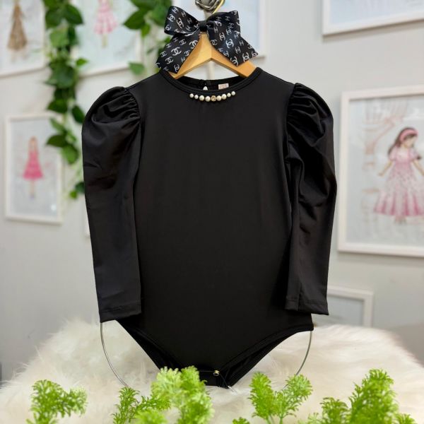 Body Infantil Feminino Yoyo Preto Strass e Pérola