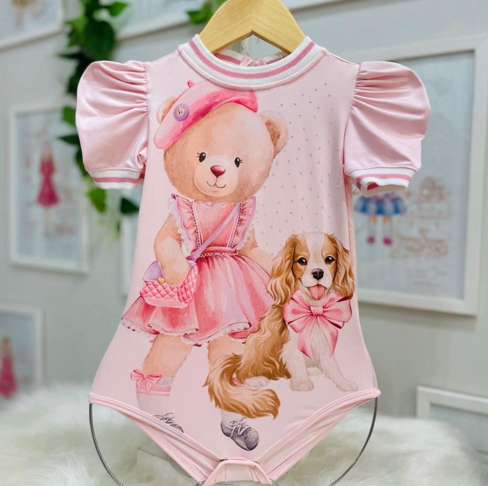 Body Infantil Feminino Yoyo Rosa Claro Estampa Ursa e Cachorrinho