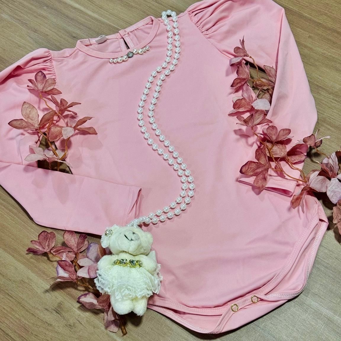 Body Infantil Feminino Yoyo Rosé Strass e Pérola