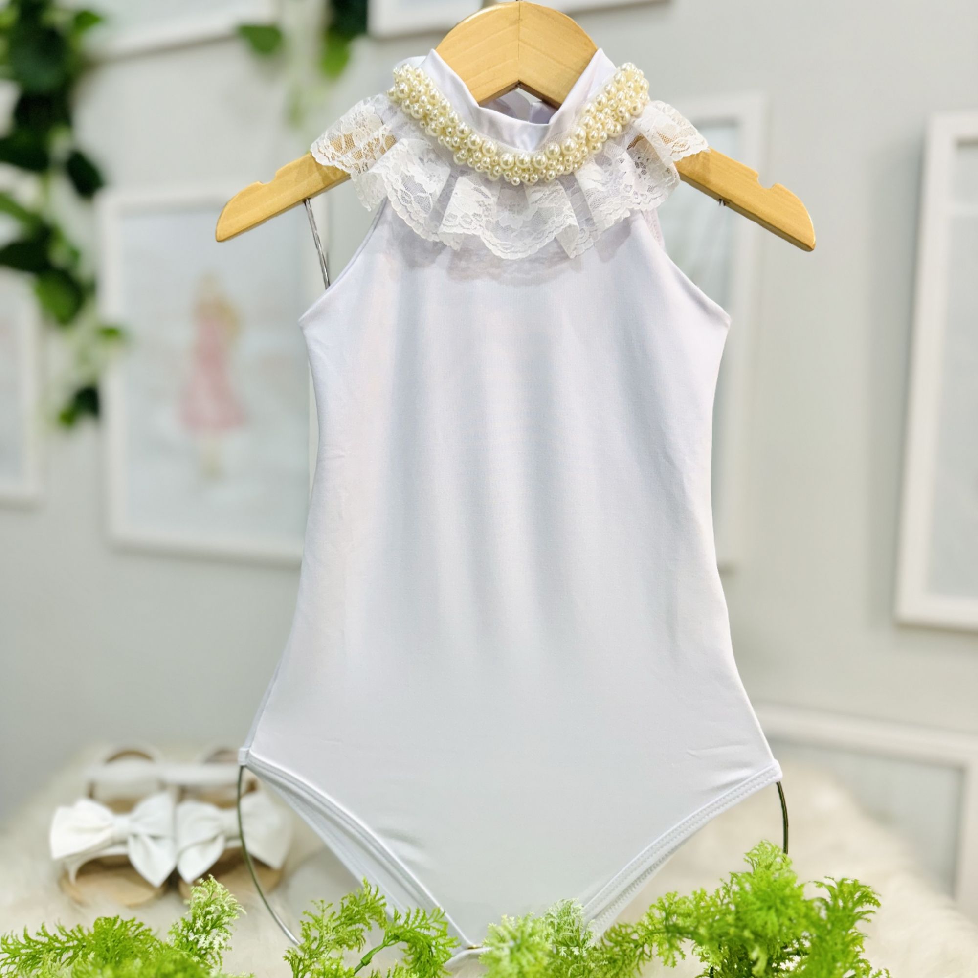 Body Infantil Yoyo Branco Pérolas Renda