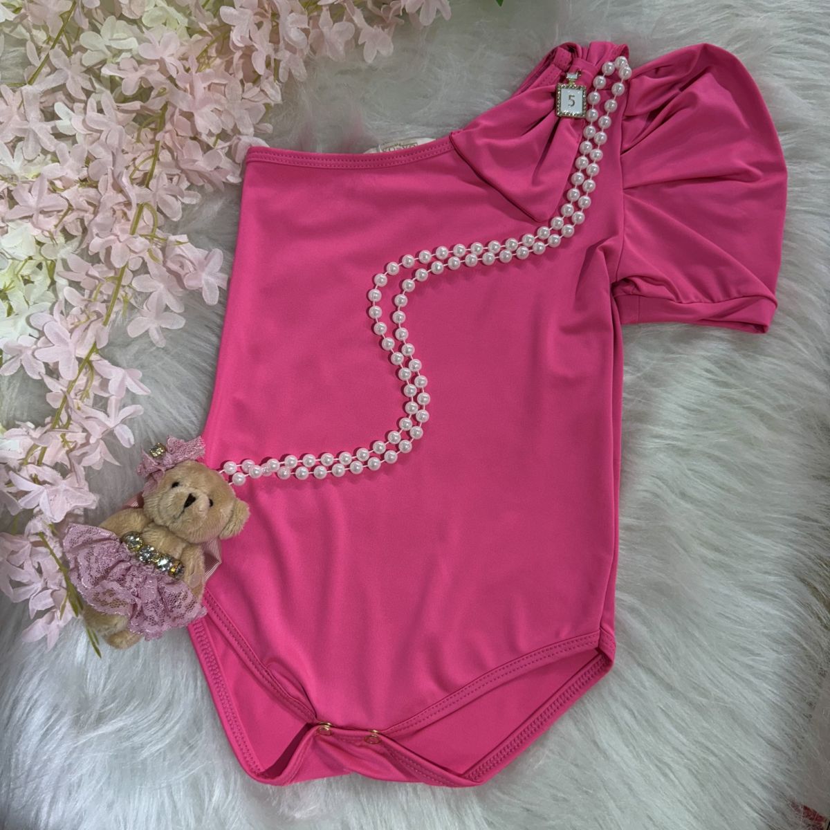 Body Infantil Yoyo Pink Liso Um ombro Só Pingente Strass 5 Laço