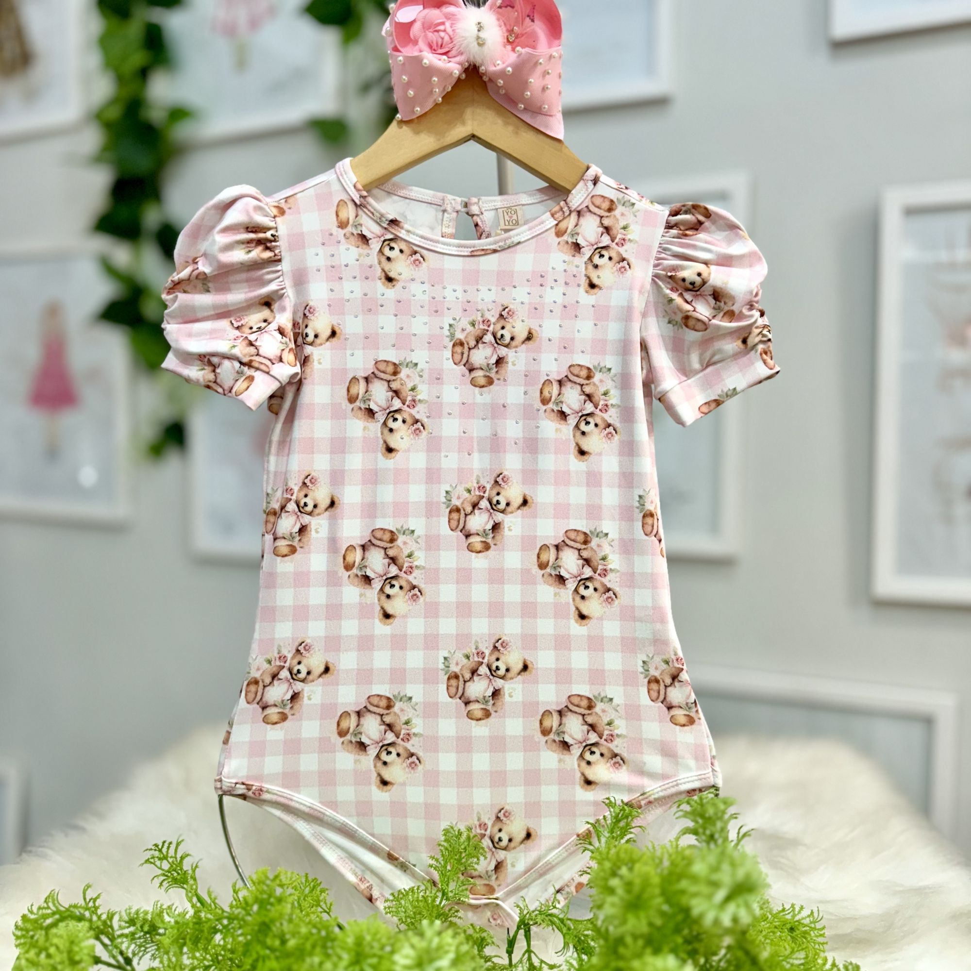 Body Infantil Yoyo Rosa Claro/Branco Xadrez Ursinhos Strass