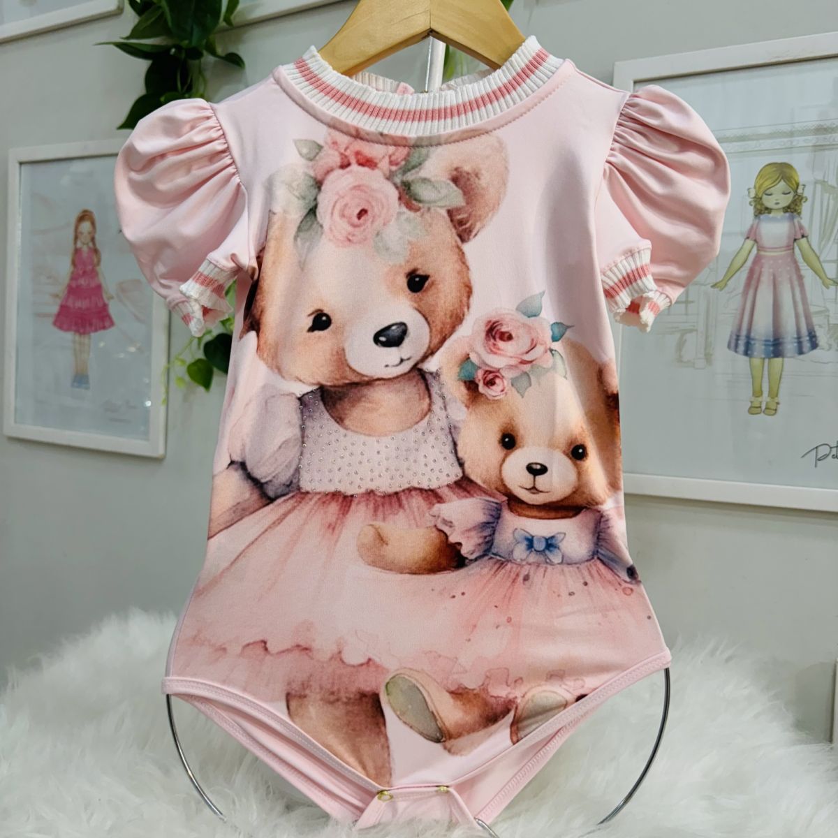 Body Infantil Yoyo Rosa Claro Gola Off White Rosa Ursinhas mãe e Filha Strass