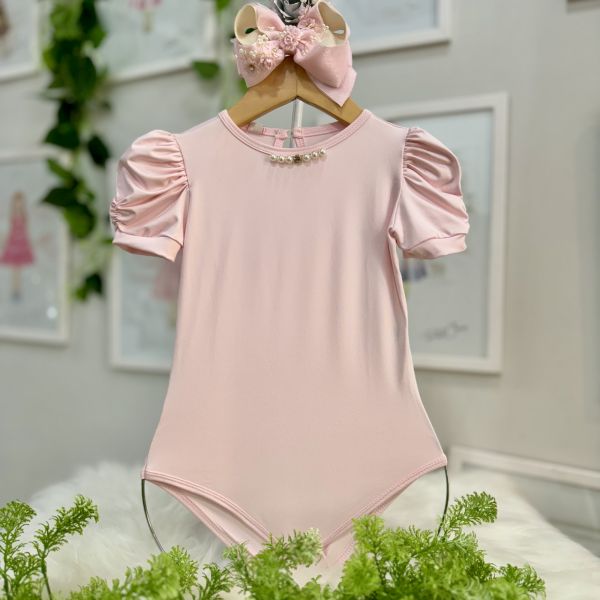 Body Infantil Yoyo Rosa Liso Pérolas Strass