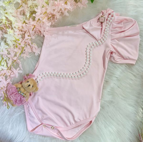 Body Infantil Yoyo Rosa Liso Um ombro Só Pingente Strass 5 Laço