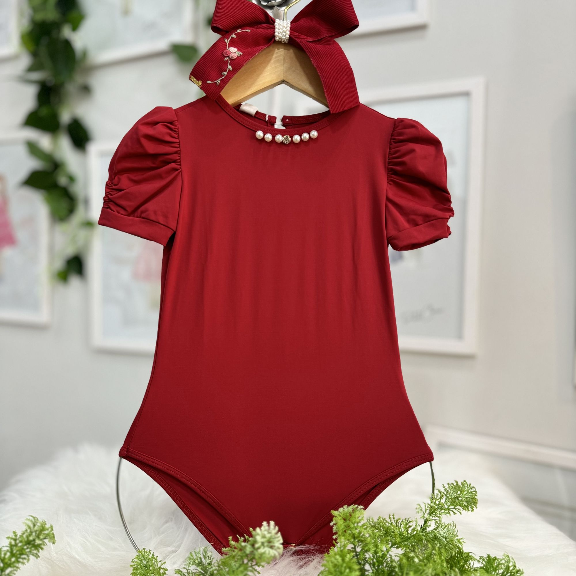 Body Infantil Yoyo Vermelho Liso Pérolas Strass