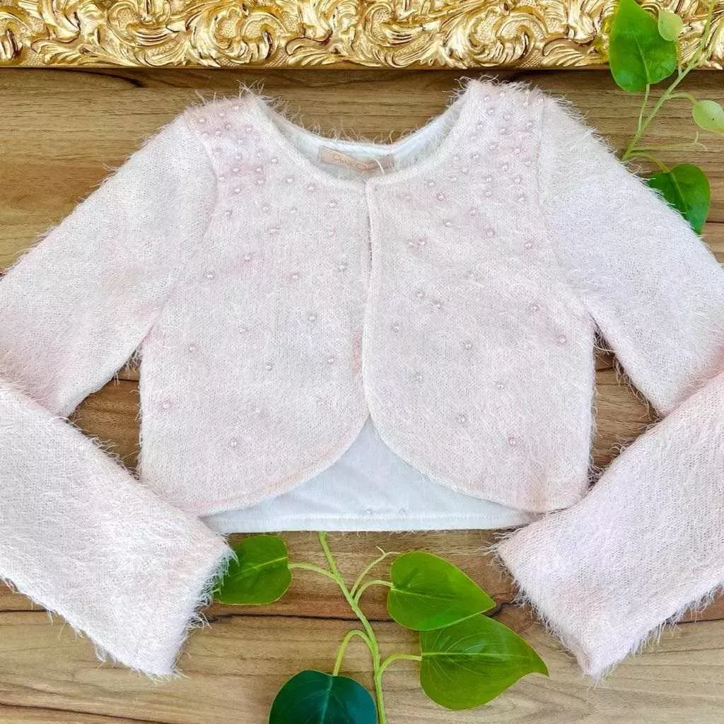 Bolero Infantil Rosa Claro Bordado com Pérolas Winter Petit Cherie