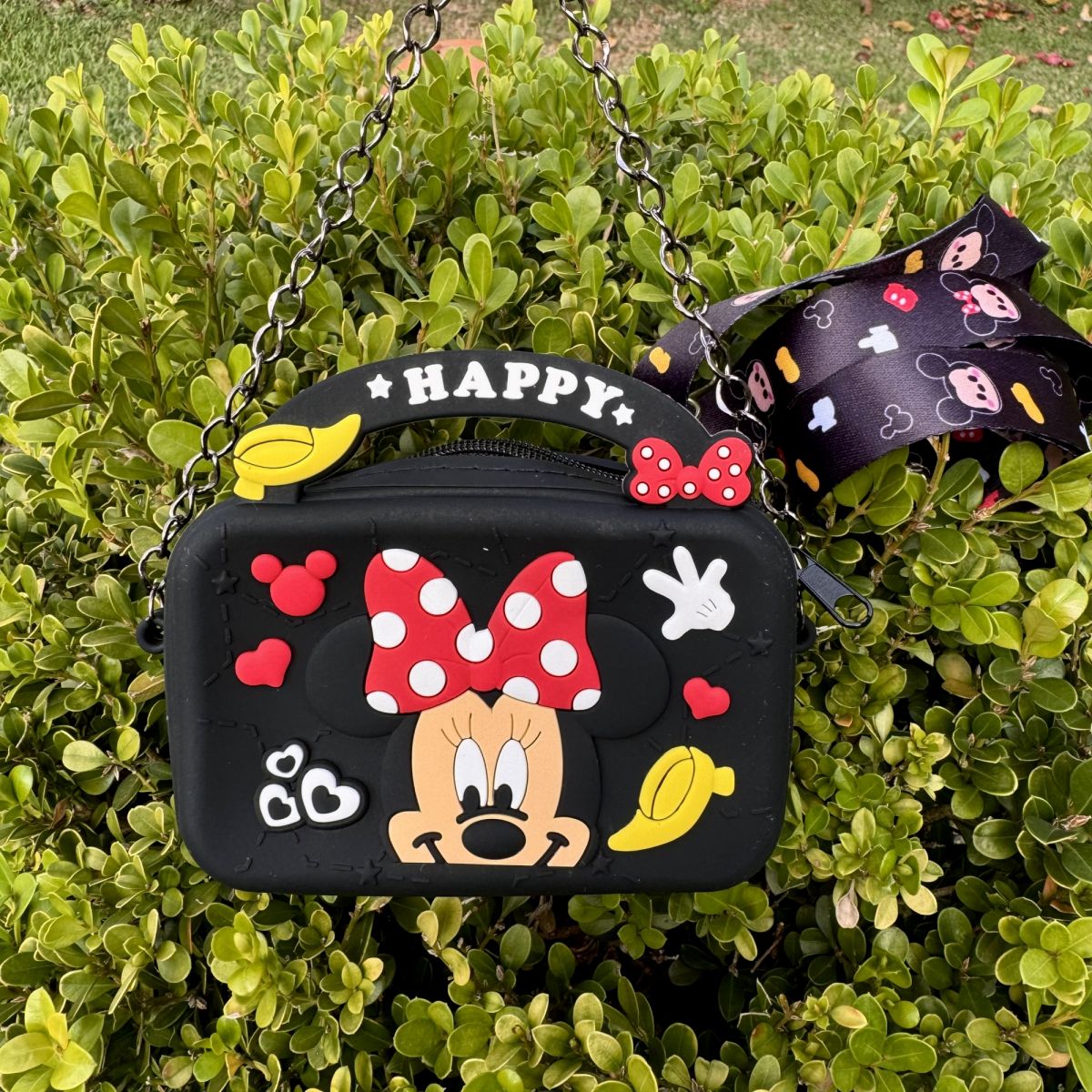 Bolsa Infantil Euro Baby Kids Preta Minnie Tipo Carteira Emborrachada com Alça Dupla