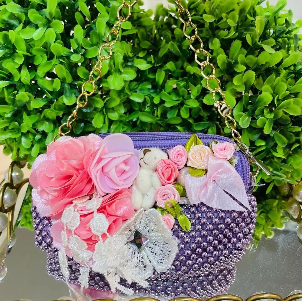 Bolsa Infantil Feminina Euro Baby Kids Roxo Metálico Aplicação Flores Urso Laço Strass  