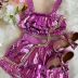 Conjunto Feminino Infantil Mylu Rosa Metalizado Cropped de Babados com Shorts
