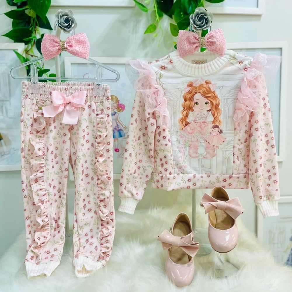 Conjunto Feminino Infantil Yoyo Rosa Manga Longa Boneca com Calça de Ursas  na EuroBabyKids