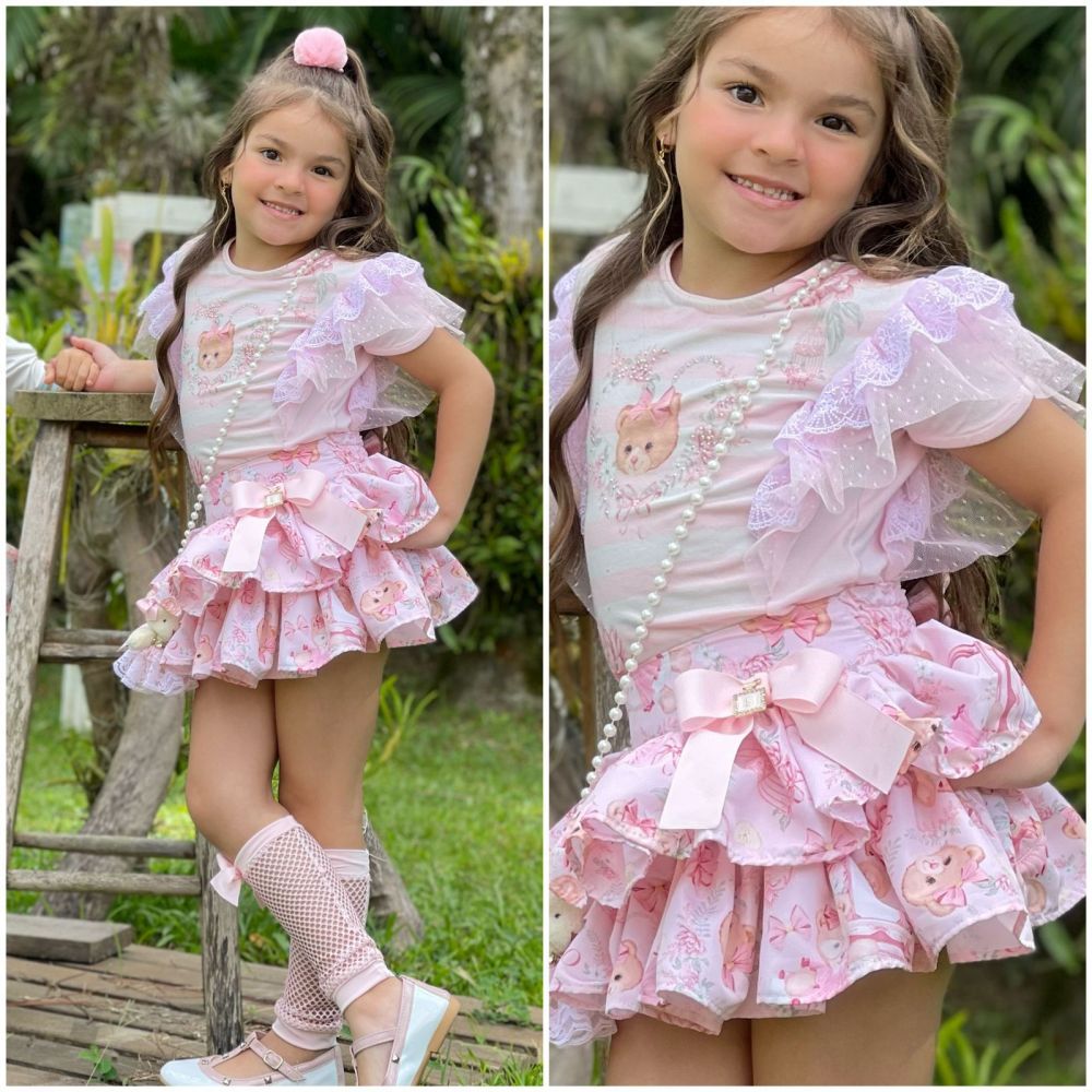 Conjunto Feminino Infantil Yoyo Rosa Manga Longa Boneca com Calça de Ursas  na EuroBabyKids