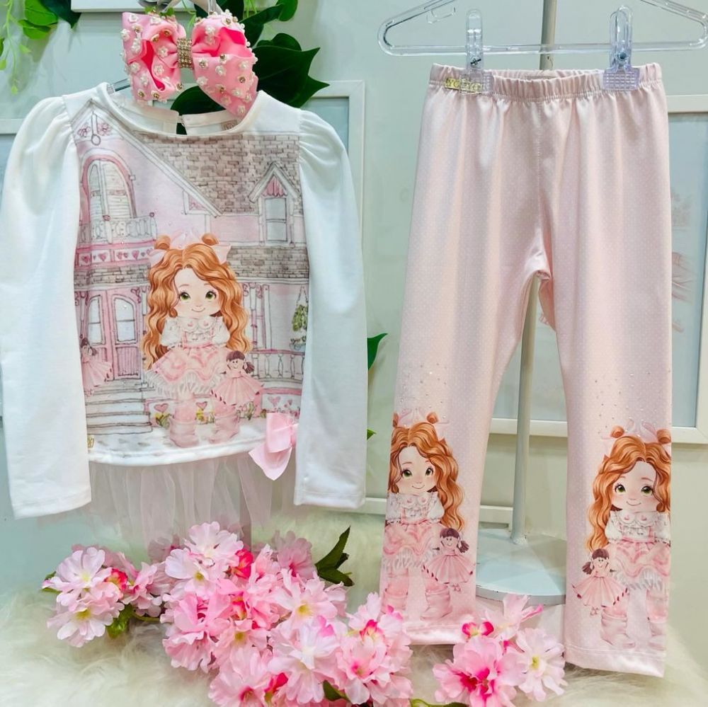 Conjunto Feminino Infantil Yoyo Rosa Manga Longa Boneca com Calça de Ursas  na EuroBabyKids