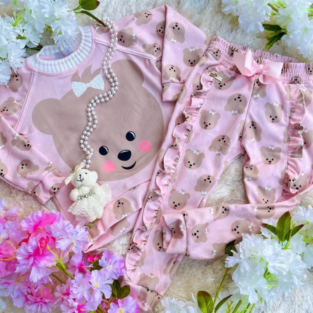 Conjunto Feminino Infantil Yoyo Rosa Manga Longa Boneca com Calça de Ursas  na EuroBabyKids