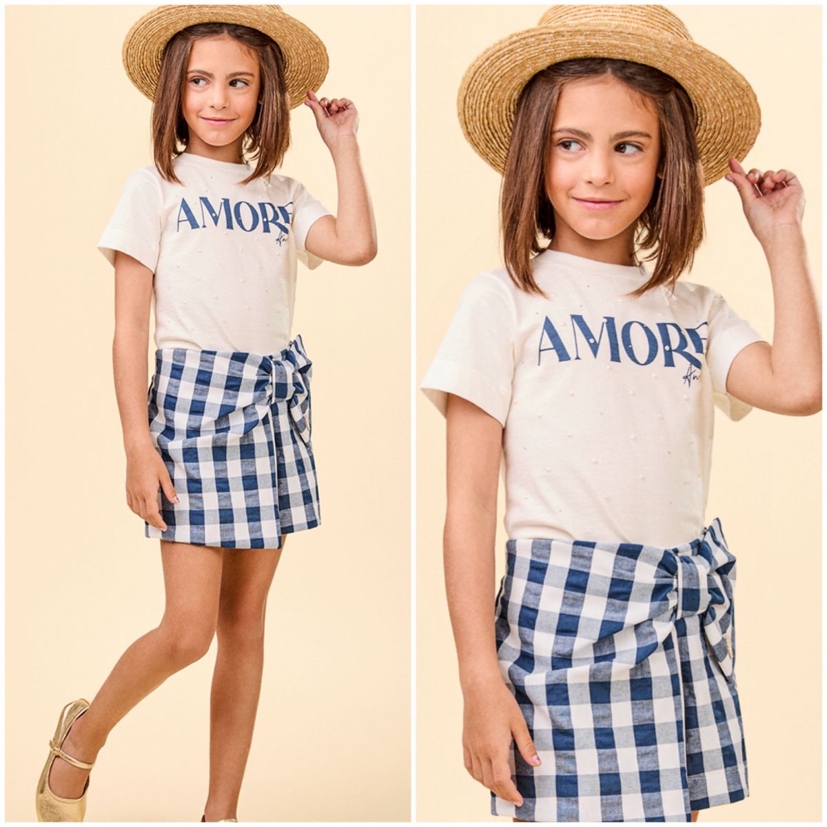 Conjunto Infantil Animê Blusa Off White Amore Strass Pérola Short Xadrez Laço Aplic.Coração