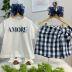 Conjunto Infantil Animê Blusa Off White Amore Strass Pérola Short Xadrez Laço Aplic.Coração