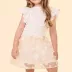 Conjunto Infantil Animê Blusa Off-White Manga Borboleta Saia Off White Tule Brilho Flores 3D