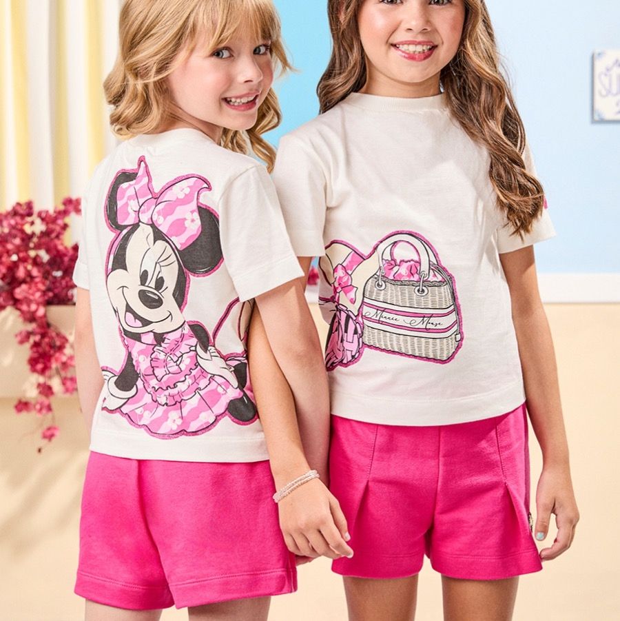 Conjunto Infantil Animê Off White/ Shorts Pink Minnie Aplique Strass Disney