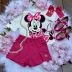 Conjunto Infantil Animê Off White/ Shorts Pink Minnie Aplique Strass Disney