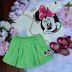 Conjunto Infantil Animê T-Shirt Off White/Tons De Rosa Shorts Verde Minnie Disney