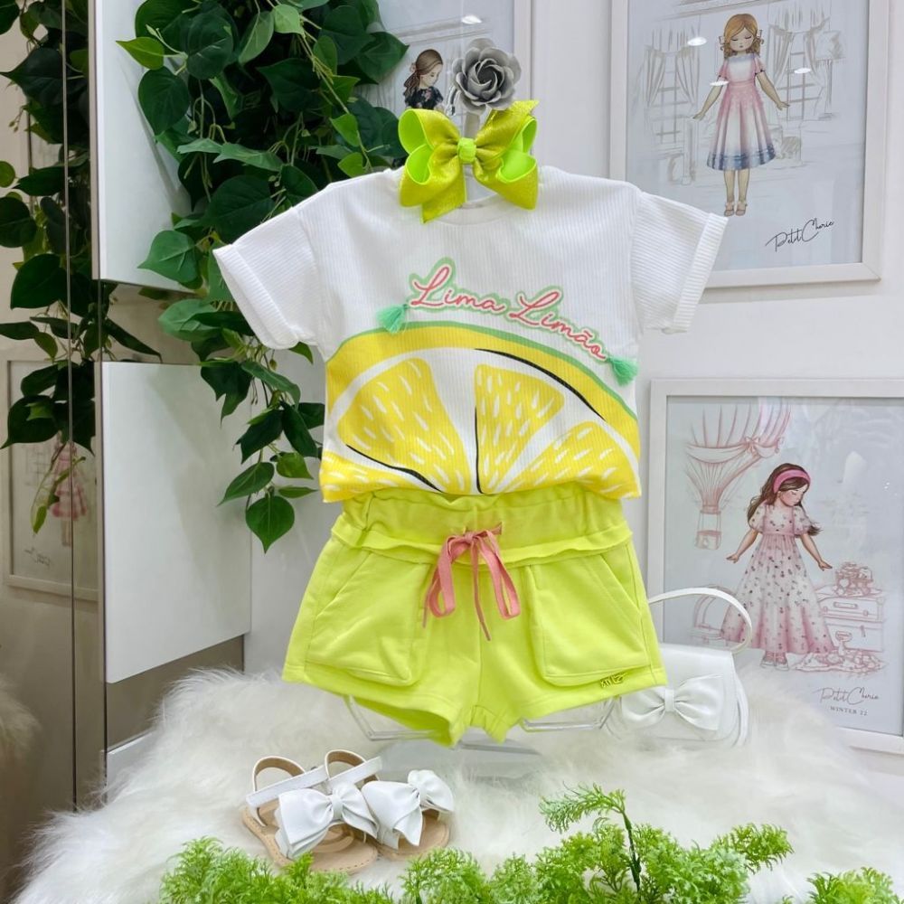 Conjunto Infantil Blusa Manga Curta Canelada Estampa Limão Jardim Fresco e  Shorts Neon Mon Sucré na EuroBabyKids