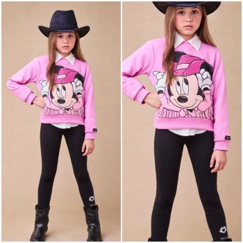Conjunto Infantil Disney Minnie Boiadeira Blusa Moletom Rosa com Brilho e Legging Preta Animê