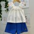 Conjunto Infantil Feminino Animê Blusa Off-White Bordado Shorts Azul Royal