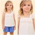 Conjunto Infantil Feminino Animê Blusa Off-White Bordado Shorts Azul Royal