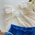 Conjunto Infantil Feminino Animê Blusa Off-White Bordado Shorts Azul Royal