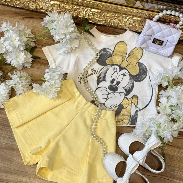 Conjunto Infantil Feminino Animê Dourado Minnie Shorts Amarelo Moletom