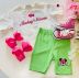 Conjunto Infantil Feminino Animê Minnie e Mickey Blusa Off-White Strass Shorts Verde Neon Bordado