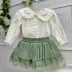 Conjunto Infantil Feminino Bambollina Body Off-White Gola Babado Bordada e Saia Tule Verde Brilho