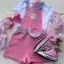 Conjunto Infantil Feminino Kukiê Blusa Branca Jardineira Rosa Claro Canelada Cinto Melancia