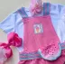 Conjunto Infantil Feminino Kukiê Blusa Branca Jardineira Rosa Claro Canelada Cinto Melancia