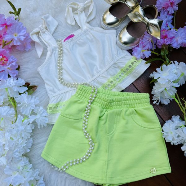 Conjunto Infantil Feminino Momi Blusa Off-White Gripper Shorts Saia Verde Neon